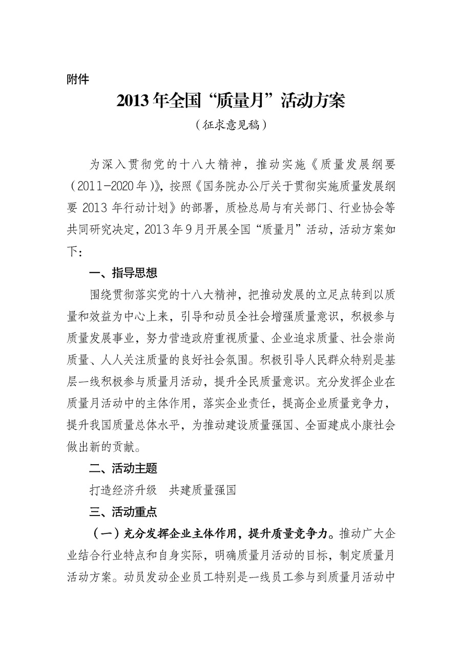 國家質(zhì)量監(jiān)督檢驗檢疫總局《質(zhì)檢總局辦公廳關于征求<2013年全國&ldquo;質(zhì)量月&rdquo;活動方案>意見的函》