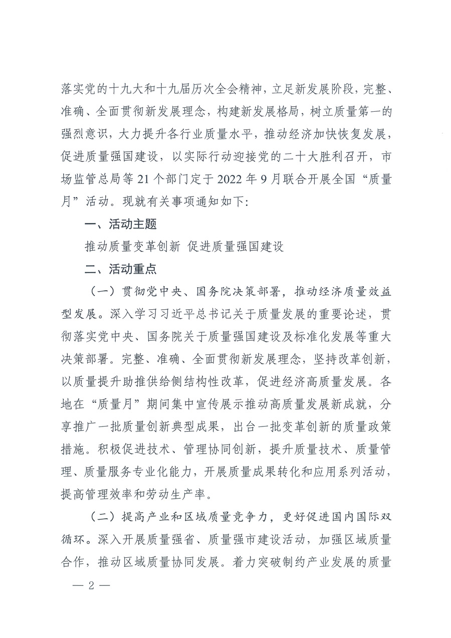 市場監(jiān)管總局等21個(gè)部委（部門）發(fā)文部署開展2022年全國&ldquo;質(zhì)量月&rdquo;活動(dòng)（國市監(jiān)質(zhì)發(fā)〔2022〕76號(hào)）